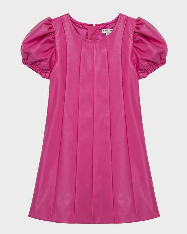 Girl's Faux Leather Puff Sleeves Dress, Size 2-6